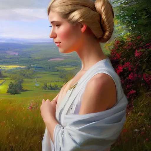 Prompt: blonde Princess Leia, Swedish countryside, landscape view, archipelago, painting by Vladimir Volegov, wlop, artstation