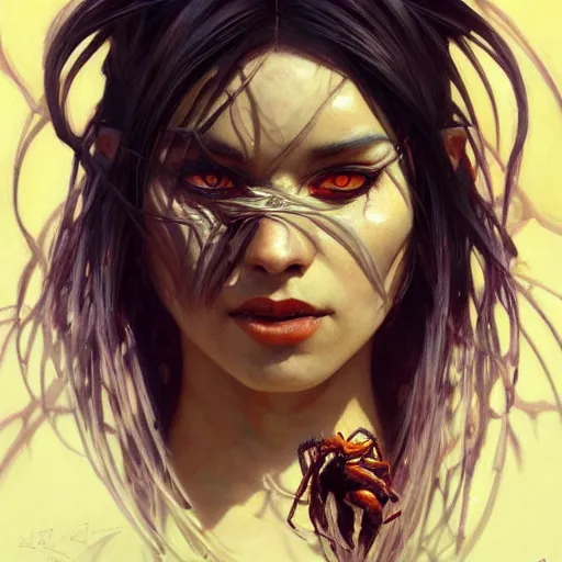 Image similar to A portrait painting of a spider woman with giant spider legs and hair needles crawling out of a volcano, illustration, detailed, award-winning, trending on artstation, by artgerm and Greg Rutkowski and Alphonse Mucha H-768