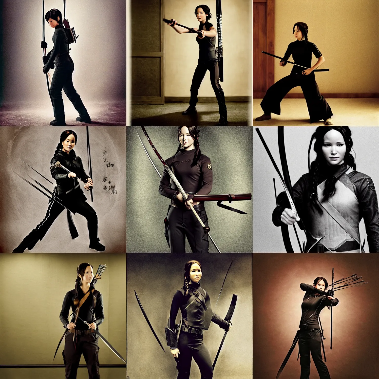 Prompt: Katniss Everdeen as a ninja, holding a katana, in a Japanese dojo, photo by Annie Leibovitz