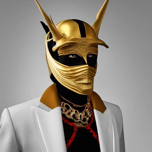 Prompt: portrait of masked dune dynasty with gucci clothes, white background, 8 k, symmetrical, 3 d render, octane render, insane details