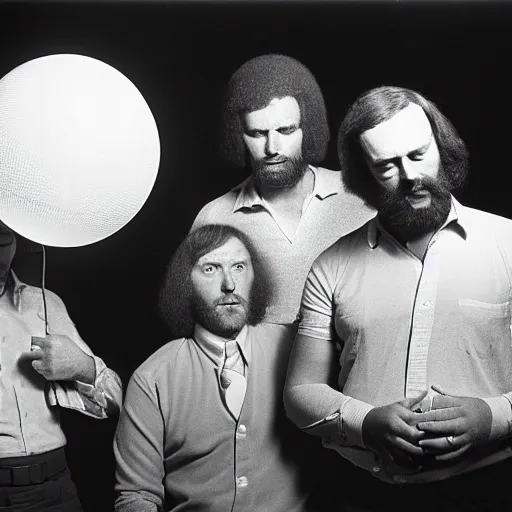 Prompt: a a group of men pondering their orb. black - and - white photograph 1 9 7 0 s, studio lighting,