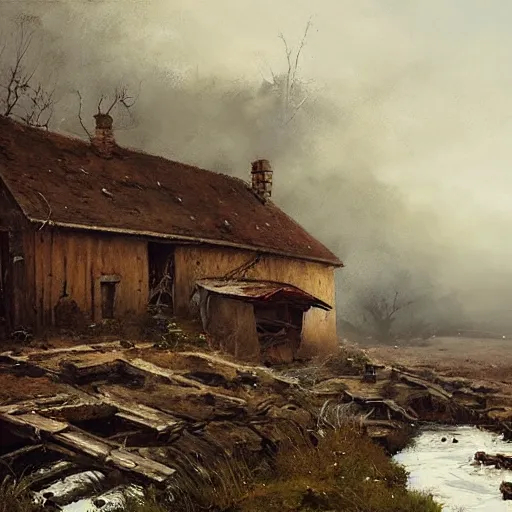 Image similar to painting by jakub rozalski of abandoned village