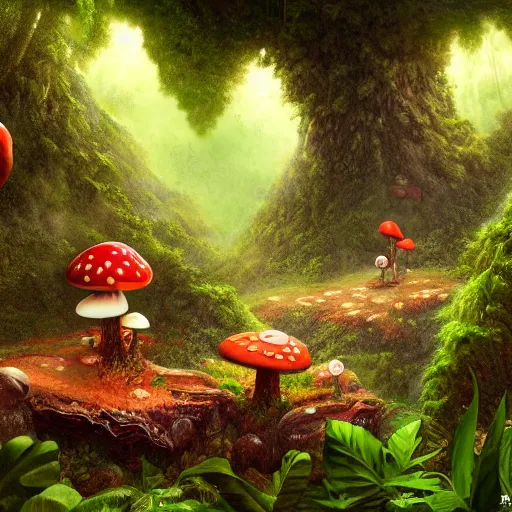 Prompt: Intricate detailed illustration, A small sentient and happy mushroom frolicking in a lush tropical jungle, 🍄 , cinematic lighting, by Philip Hood, wide angle, volumetric light scattering, 8k, artstation, concept art,