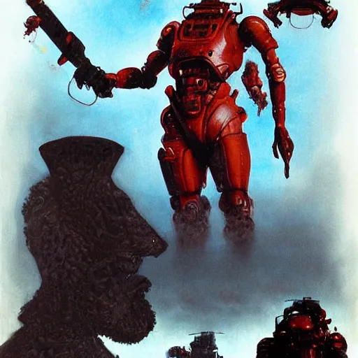 Image similar to A mixed media portrait painting of a dogs made of blood cells, sweat, aesthetic symmetrical face and eyes, photorrealistic, model, wet, starship-troopers, pacific-rim-mech in background, eighties pinup style, by Frank Frazetta, Boris Vallejo, Beeple, Greg Rutkowski, Christian MacNevin, epic fantasy character art, high fantasy, CGsociety, exquisite detail, post-processing, masterpiece, cinematic