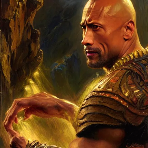 Prompt: dwayne johnson as stunning male master wizard, highly detailed painting by gaston bussiere, craig mullins, j. c. leyendecker, 8 k