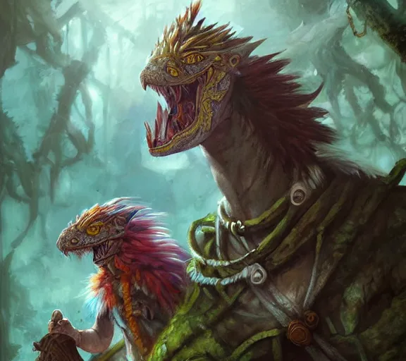 Prompt: dungeons and dragons fantasy painting, portrait, a feathered mouse warrior, feathered velociraptor cavalry, whimsical and cute, aztec, mayan, determined expressions, watery eyes, anime inspired, face paint, tufty whiskers, in the jungle, by brain froud jessica rossier and greg rutkowski