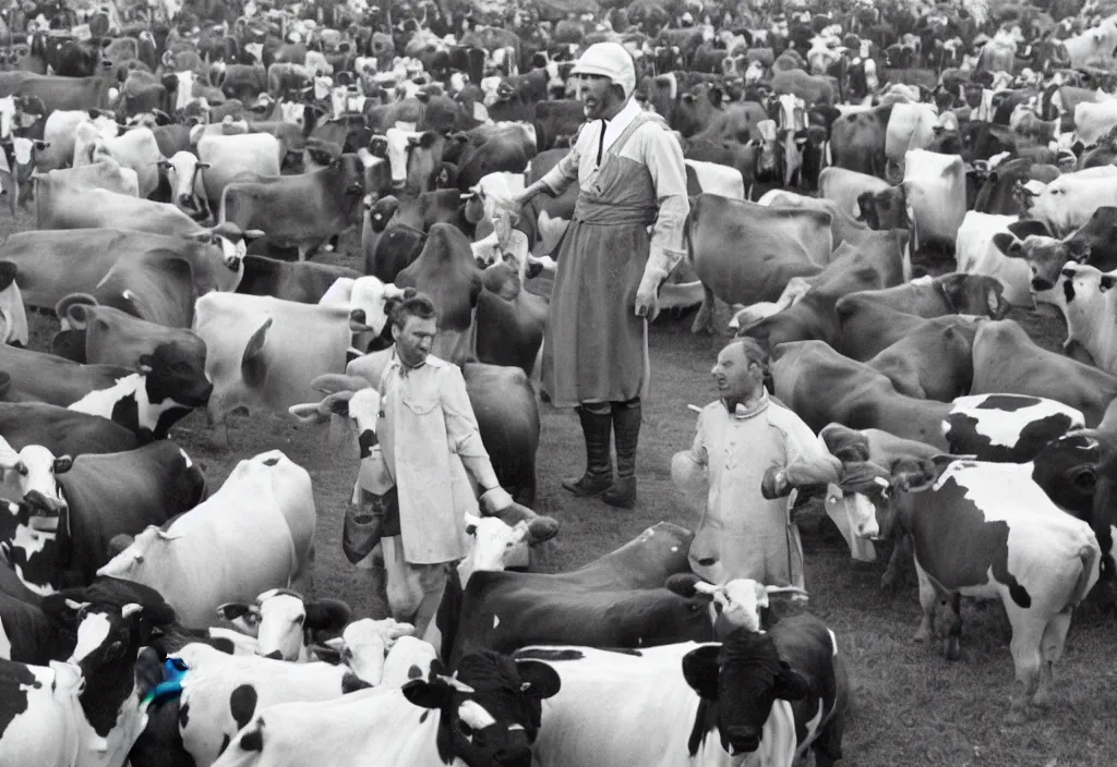 Prompt: jesus preaching to cows in nazi germany, dressed as a milkman