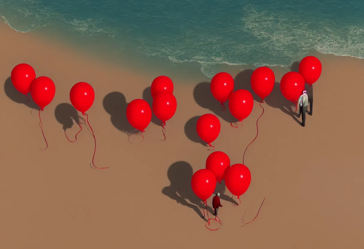 Image similar to lonely old man on the beach, holding red balloons. extremely high fidelity, 8 k, super resolution, cinematic view, super resolution, epic, hyperdetailed, digital painting, artstation, concept art, smooth, sharp focus, octane render, dramatic lighting, ground level, art by artgerm and greg rutkowski and alphonse mucha and wlop