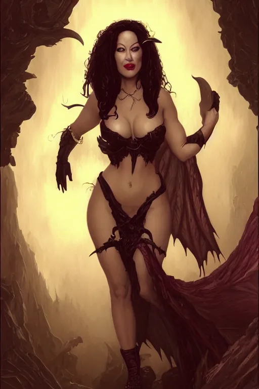 Image similar to 1 9 9 0 s jennifer tilly as a succubus. warm smiling face. flowing black hair. misty atmosphere. misty atmosphere, closeup, d & d, fantasy, intricate, elegant, highly detailed, digital painting, artstation, concept art, matte, sharp focus, illustration, hearthstone, art by artgerm and greg rutkowski and alphonse mucha