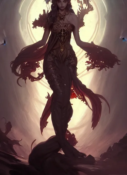 Image similar to summoner with a cute death elemental, fantasy, intricate, elegant, highly detailed, digital painting, artstation, concept art, wallpaper, smooth, sharp focus, illustration, art by artgerm and greg rutkowski and alphonse mucha