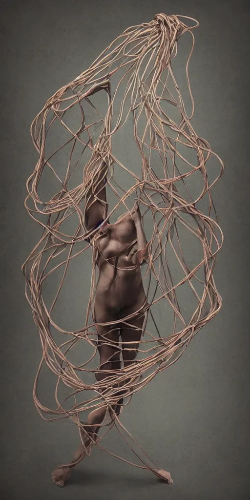 Image similar to beautiful female bodies intertwined, steel shibari ropes wrapped around bodies, surrealism, abstract, no face, color gradients,