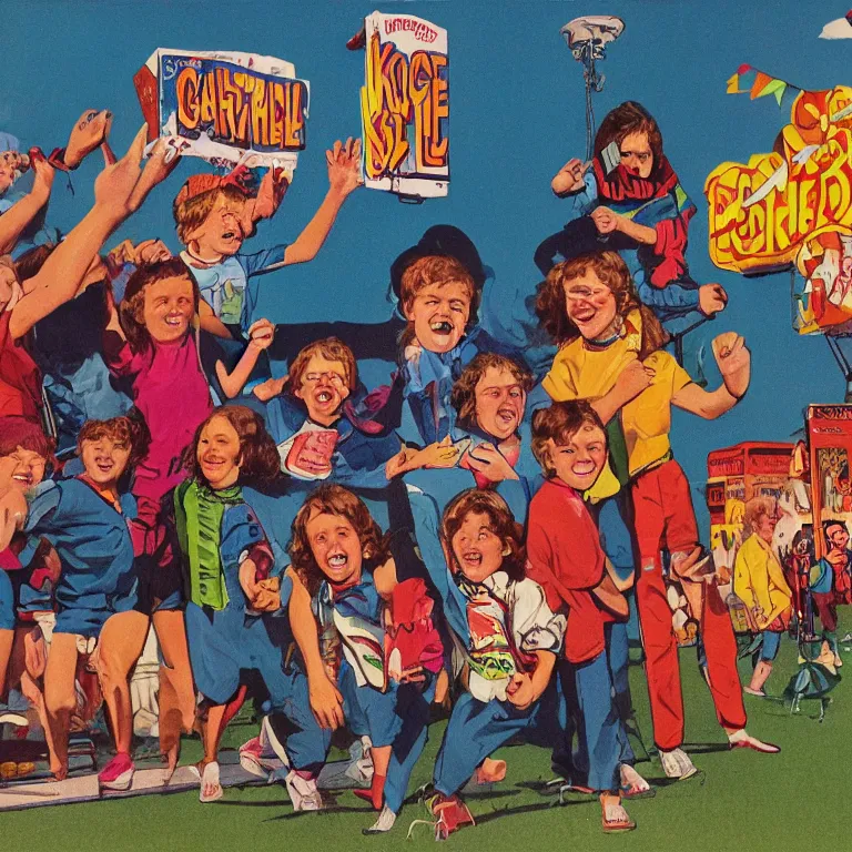 Prompt: kids who snuck out meeting at the carnival, detailed 1980s realistic advertising illustration