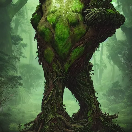 Prompt: giant green old treant creature, treant made of leaves and roots, old treant, old humanoid ents, epic fantasy style, green theme, forest background, hearthstone artwork