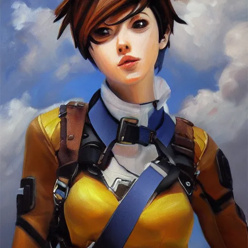 Image similar to oil painting of tracer overwatch in a field wearing large leather belt choker collar around neck, in style of mark arian, expressive face, detailed face, detailed eyes, full body, feminine face, tracer overwatch,