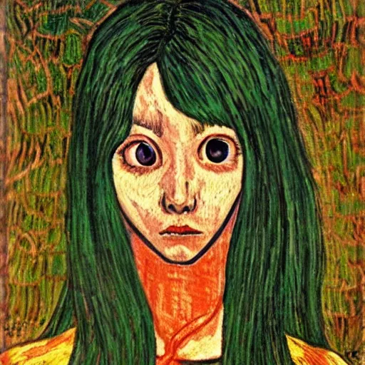 Image similar to tomie originally by junji ito instead in the style of vincent van gogh, oil on canvas