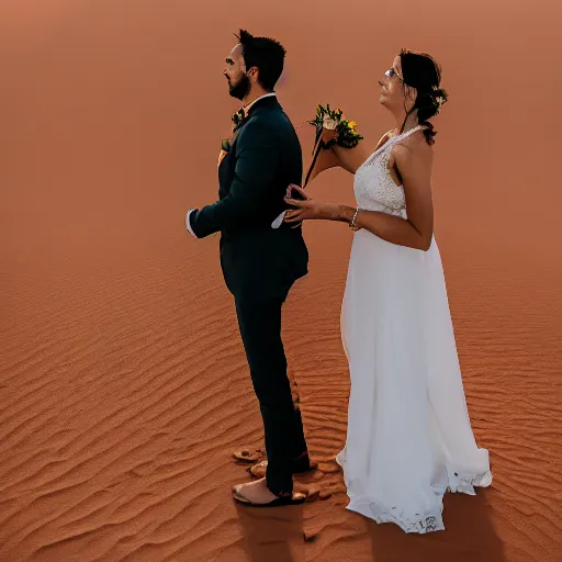 Prompt: bride and groom in the middle of the sahara desert, canon eos r 3, iso 2 0 0, 1 / 1 6 0 s, 8 k, raw, unedited, symmetrical balance, in - frame