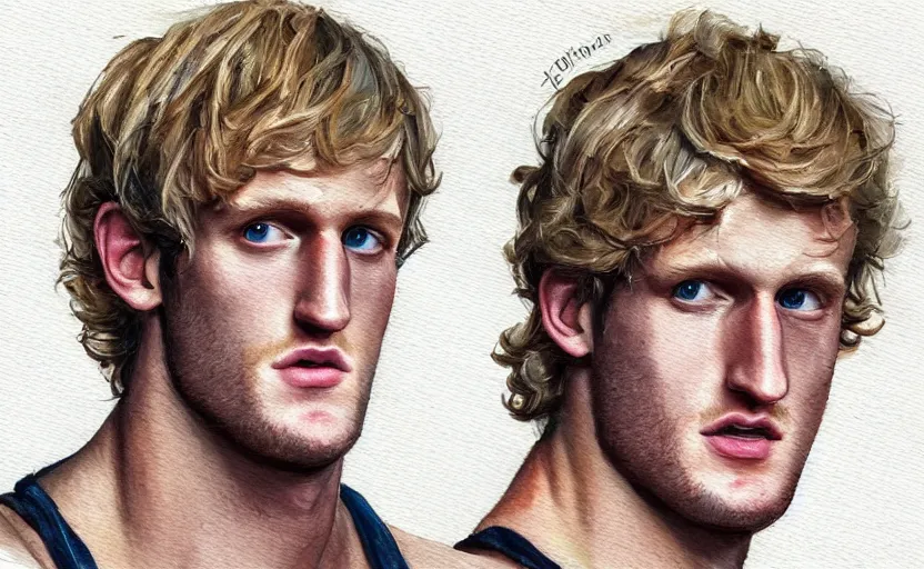 Image similar to a painting of a logan paul trending on artstation in the style of greg rutkowski, 3 d, watercolor, beautiful, young, portrait