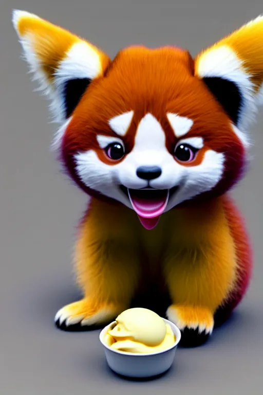 Image similar to high quality 3 d render hyperrealist very cute pastel happy red panda & koala hybrid stuffing mouth with ice cream, vray smooth, in the style of detective pikachu, very dramatic light, low angle, uhd 8 k, shallow depth or field