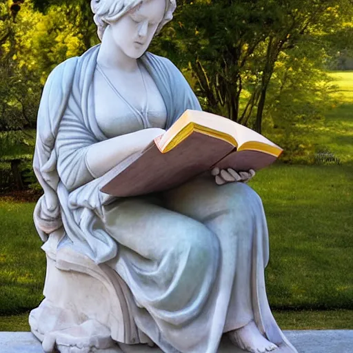 Prompt: marble statue of woman reading a book, outdoors