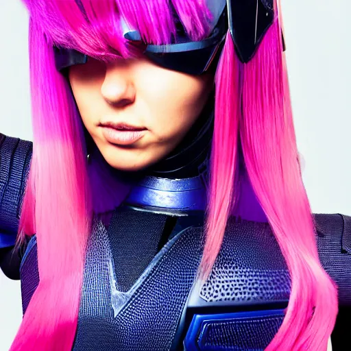 Image similar to a award winning action upper body portrait of a beautiful woman with a ombre purple pink hairstyle with head in motion and hair flying while wearing futuristic navy blue bodyarmor and pauldrons, outrun, vaporware, highly detailed, fine detail, intricate