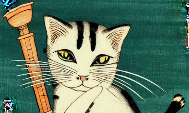 Prompt: stoner cat smoking pipe with cannabis leaf background, in the style of utamaro, hiroshige, japanese woodblock, classical japanese art, traditional japanese art, kitty, cat, neko, weed, marijuana, cannabis, highly detailed, beautiful colors, award winning, dark, gritty, ink and watercolor