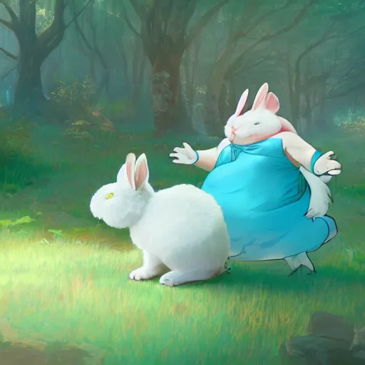 Image similar to concept art painting of a chubby white rabbit wearing a turquoise dress, in the deep forest, realistic, detailed, cel shaded, in the style of makoto shinkai and greg rutkowski and james gurney