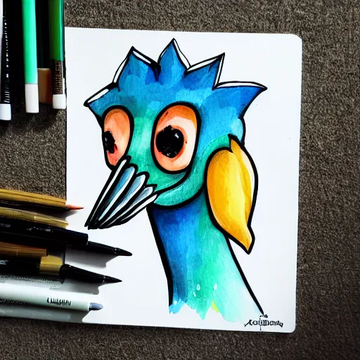 Prompt: cassowary!! lineart, trending on artstation, chibi, kawaii, ink and watercolour