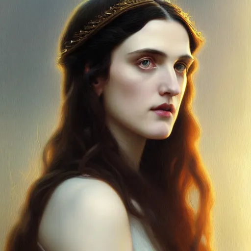 Image similar to beautiful striking Pre-Raphaelite Katie McGrath by Artgerm and Greg Rutkowski, intricate, elegant, highly detailed, digital painting, pale