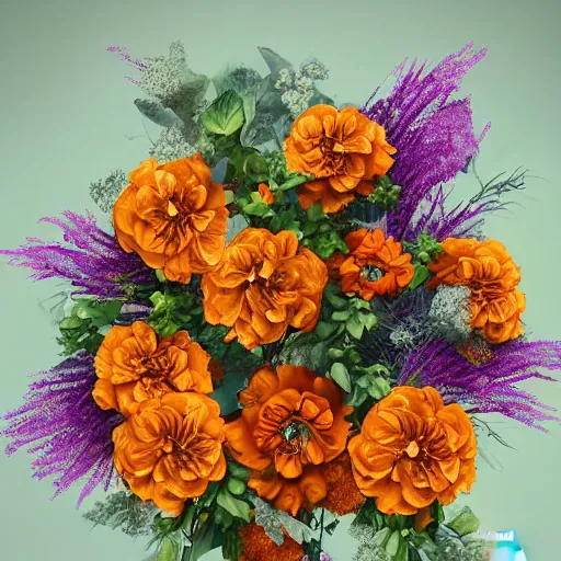 Image similar to a beautiful stunning fantasy matte digital painting of a bouquet made of orange roses and orange chrysanthemums and purple poppies and green eucalyptus and green flora, a photograph painted in the style of Bridal Magazine, professional floral arrangement, professional lighting, trending on artstation hq, contest winner