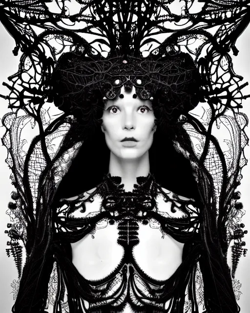 Image similar to surreal black and white photo portrait of complex bio-mechanical beautiful young female vegetal-cyborg with a Mandelbrot fractal steampunk metal fine lace face, a very long neck and a fine metal floral foliage super big lace collar by Alexander McQueen:: high fashion, haute couture, rococo, steampunk, silver filigree details, anatomical, facial muscles, cable wires, microchip, elegant, dreamy, foggy, hyper realistic, 150 mm lens, soft rim light, octane render, unreal engine, picture was taken in 1910 by Man Ray, volumetric lighting, dramatic light,8k,