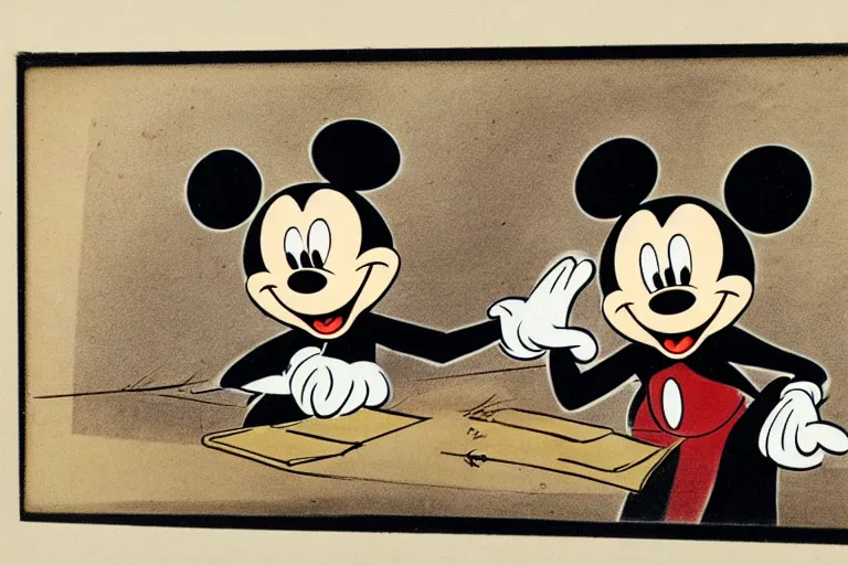 Image similar to detailed background courtroom sketch of vintage disney character mickey mouse presenting evidence of copyright infringement to the judge bench court room wooden serious dark tone vintage early cel animation