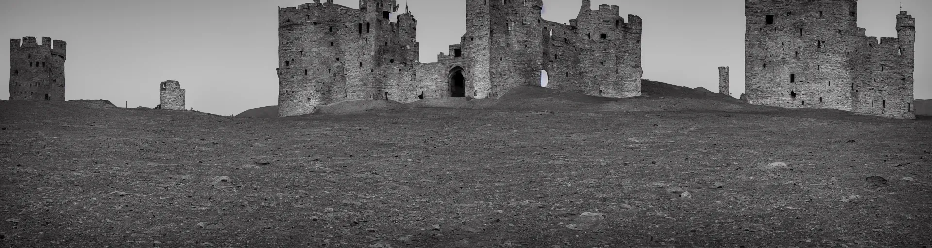 Prompt: landscape photography of the lunar surface with a spooky medieval castle tower on the far left