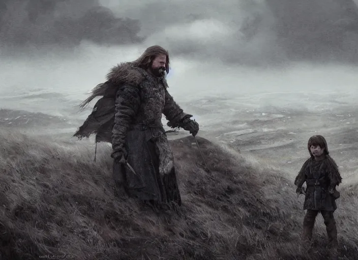 Prompt: ned stark talking with child bran stark on a hill, grey clouds, close up, very dynamic perspective, game of thrones, mandy jurgens and ruan jia and marc simonetti