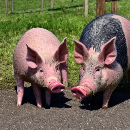 Prompt: two pigs eating a bucket full of pears