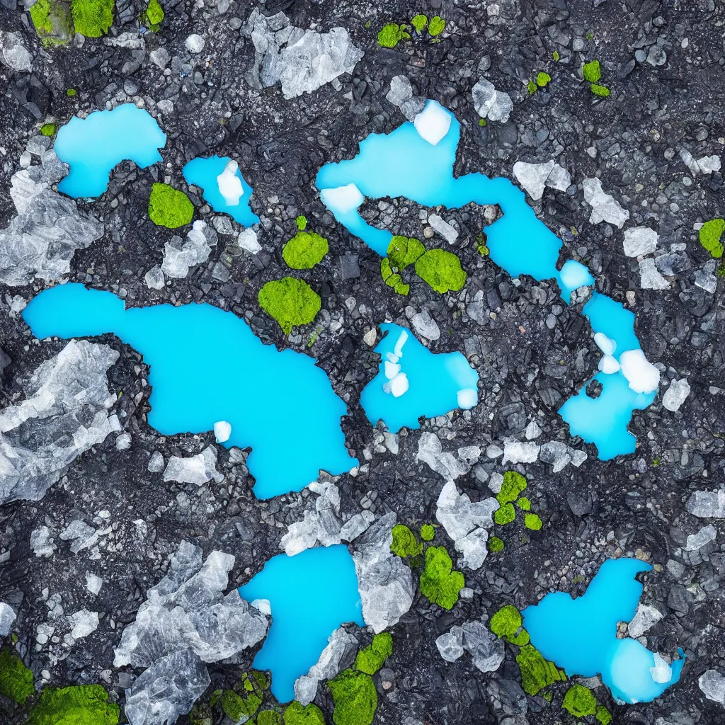 Image similar to bright blue pools of water surrounded by large facetted slabs of obsidian, patches of green moss, icy glaciers, Iceland, birds eye view