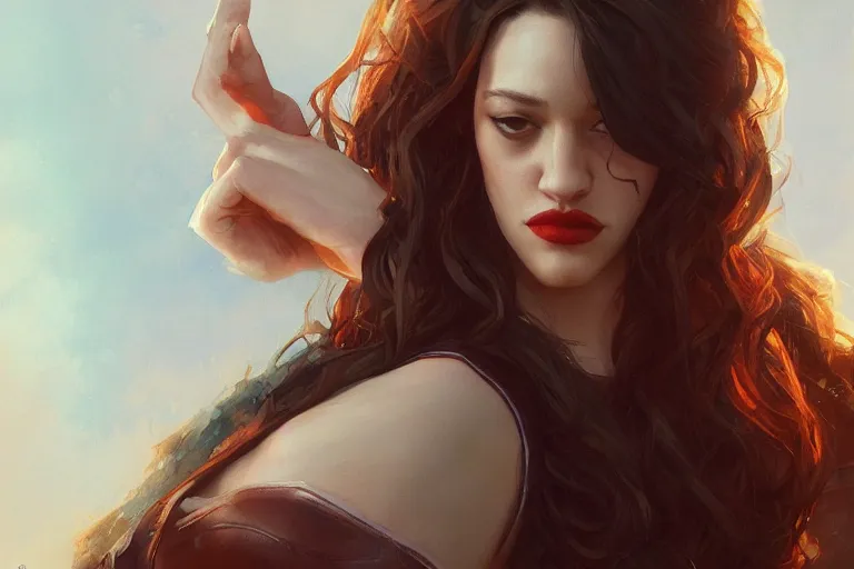 Prompt: A portrait of a Kat Dennings striking a heroic pose in a small leotard wide angle Ruan Jia and Mandy Jurgens and Artgerm and william-adolphe bouguerea, highly detailed, trending on artstation, award winning, H 768