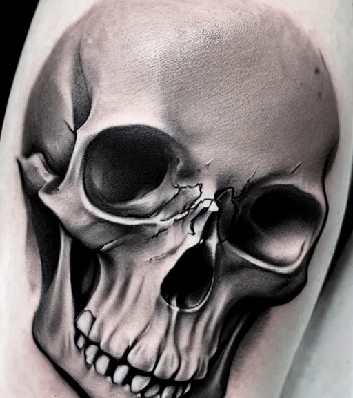 Prompt: a tattoo design of a creative skull, in the style of den yakovlev, hyper realistic, black and white, realism, highly detailed