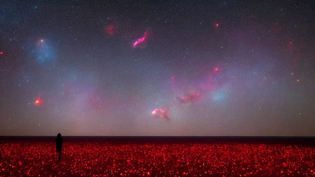 Prompt: Floating out further, Adrift among the stellar. Far beyond return, Surrounded by the red glow Of all solar stars which burn