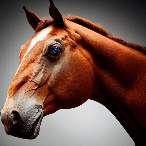 Image similar to green muscular being with no nose bald has big eyes small pupils riding a horse that is humanoid, photograph studio lighting portrait photography 8 k