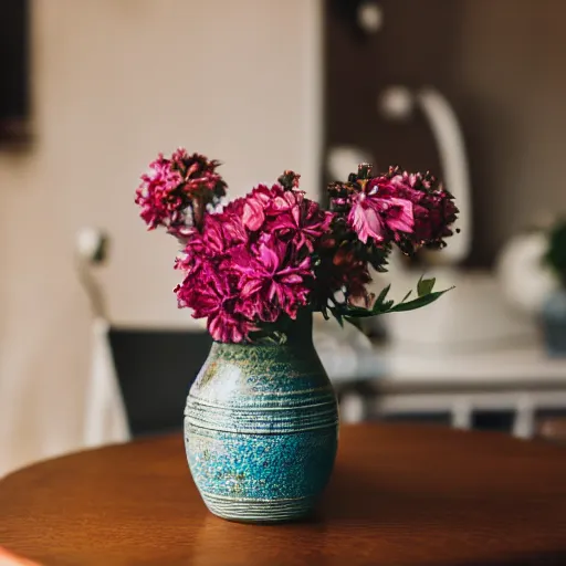 Prompt: dslr photo of a vase on a table, 85mm, f/1.3