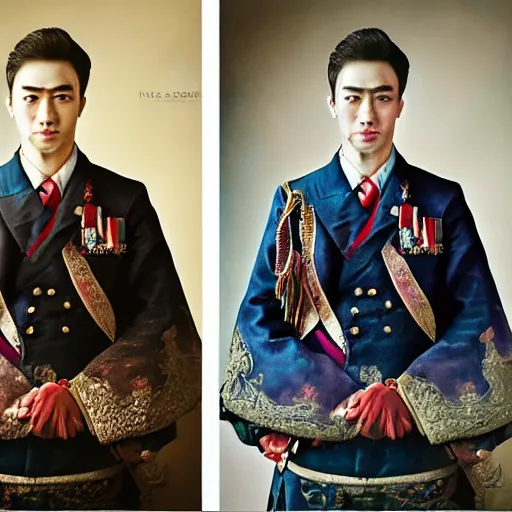 Prompt: a wide full shot, colored russian and japanese mix historical fantasy of a photograph taken of the royal groom and the best men, photographic portrait, warm lighting, 9 0 7 photo from the official wedding photographer for the royal wedding.