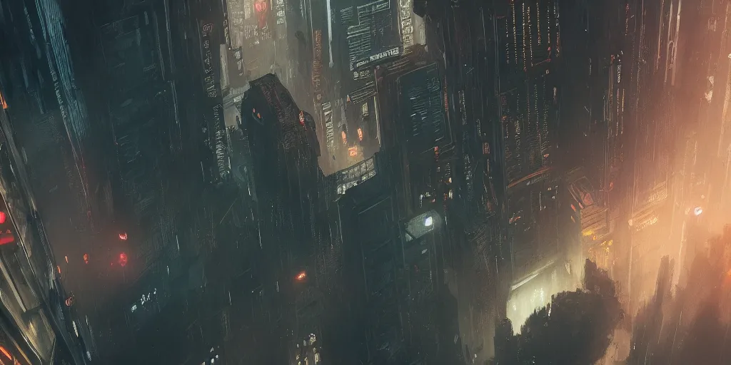 Image similar to a painting of a cinematic keyframe of a cyberpunk dystopian city, blade runner like designed by ian hubertz seen from above, cenital shot, by greg rutkowski, rule of thirds, golden ratio, ambient lighting, wlop, artgerm, artstation, highly detailed masterpiece, dark fantasy art, high detail, trending on artstation