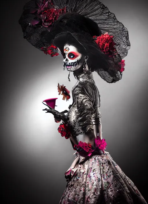 Image similar to a Photorealistic dramatic hyper realistic render of a glamorous Mexican Catrina, smoke by Ken Brower and Deborah Ory, Lois Greenfield, Beautiful dynamic dramatic dark moody lighting, volumetric, shadows, cinematic atmosphere, Octane render, 8K