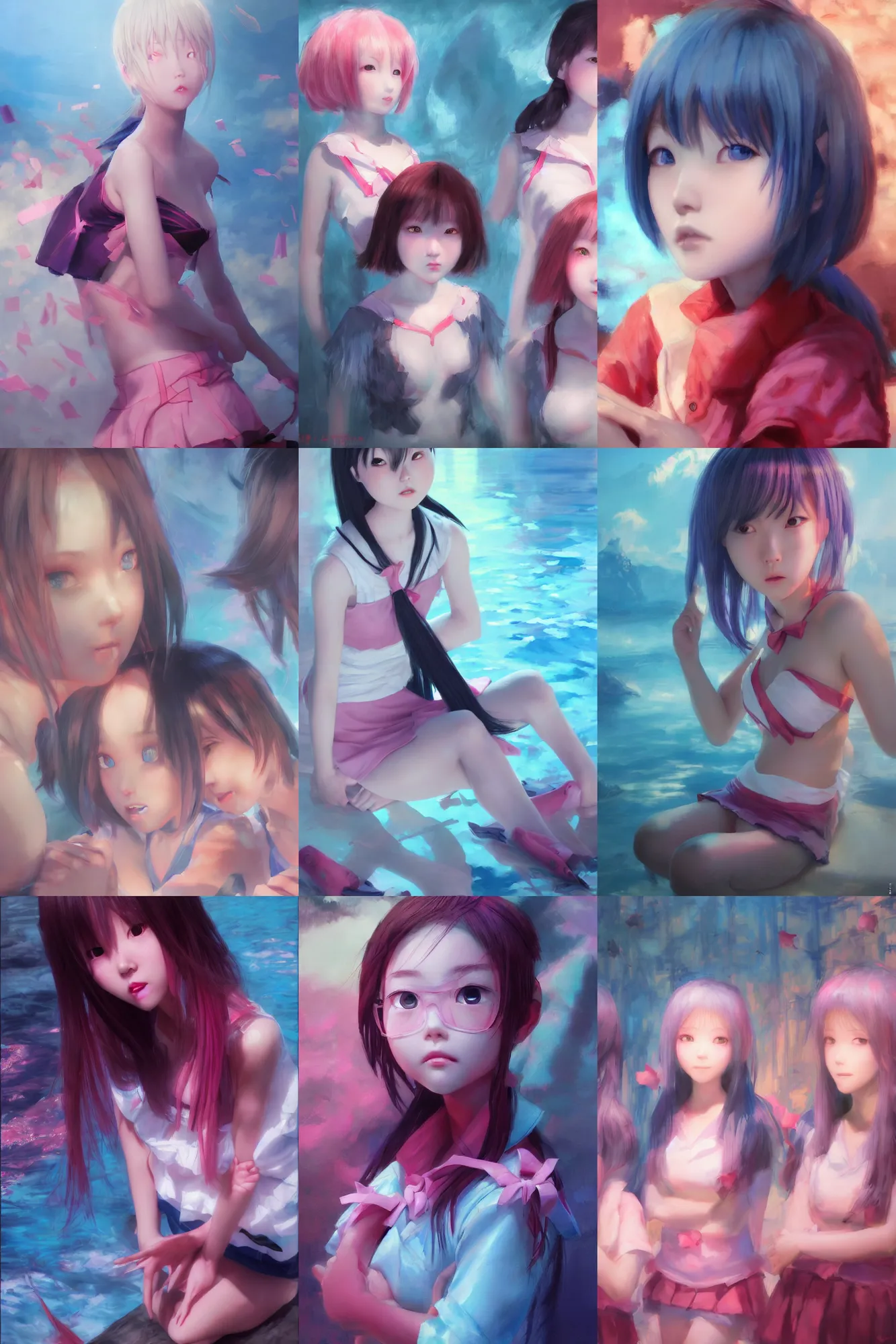 Image similar to 3d dark infrared octane render concept art by D. Jun, by Mo Xiang Tong Xiu, by Igarashi Daisuke, beauty portrait anime schoolgirls under dark pink and blue water. cute face. dramatic light, trending on artstation, oil painting.