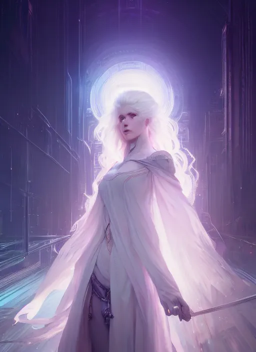 Prompt: a beautiful white haired princess, intricate concept art, ethereal, ominous, mysterious, enchanted, magic, dramatic lighting, illuminated lines, outrun, vaporware, cyberpunk darksynth, dark background, 8 k, by ruan jia and krenz cushart and alphonse mucha