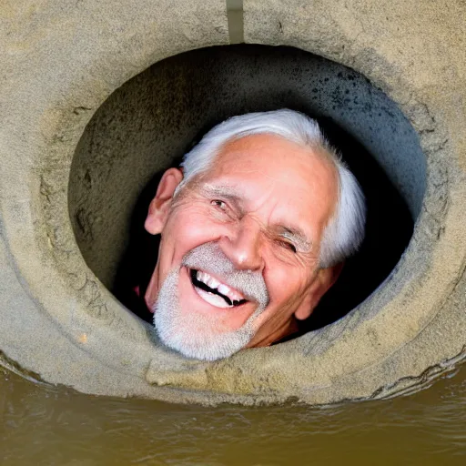 Prompt: a poorly lit smiling old man in a sewer