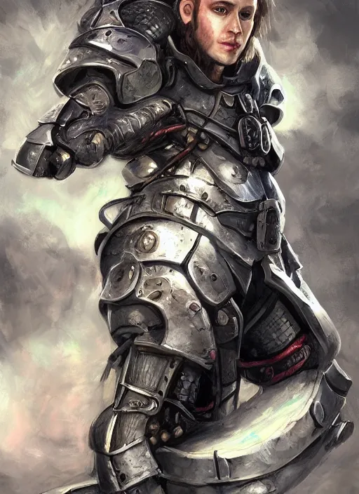 Image similar to of a hyper _ realistic _ proportional _ stylization _ portrait _ of _ a _ techpunkk _ war _ cleric _ in _ a _ futuristic _ pearl _ armor _ full _ of _ astral _ runes _ the _ backgro.