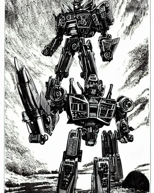 Prompt: an illustration of the autobot bumblebee, full body, standing in rectangular border, pen-and-ink illustration, etching, by Russ Nicholson, DAvid A Trampier, larry elmore, 1981, HQ scan, intricate details