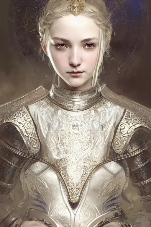 Image similar to beautiful and victorian and holy and divine and elite young medieval female white armor knight portrait +shinny eyes+front face with light flowing hair, ultradetail face, art and illustration by tian zi and craig mullins and WLOP and alphonse mucha, fantasy, intricate complexity, human structure, human anatomy, fantasy character concept, watermark, blurry, hyperrealism 8k