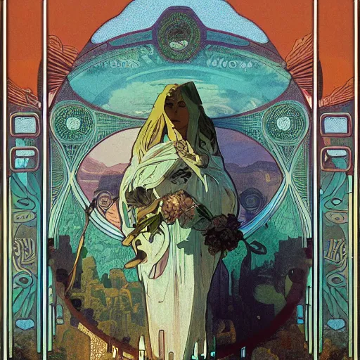 Prompt: An ancient landscape by beeple and Alphonse Mucha, cinematic